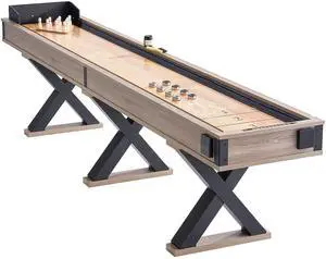 Shuffleboard Table, 11.5 ft Shuffleboard for Family Game Rooms, 2 in 1 Shuffleboard and Bowling Combo Game Set, with Scratch-Resistant Playfield, Legs, 8 Pucks, Bowling Set, Wax, and Table Brush