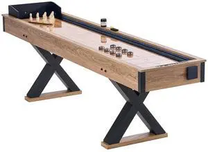 Shuffleboard Table, 9 ft Shuffleboard for Family Game Rooms, 2 in 1 Shuffleboard and Bowling Combo Game Set, with Scratch-Resistant Playfield, Legs, 8 Pucks, Bowling Set, Wax, and Table Brush