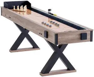 Shuffleboard Table, 9 ft LED Light Up Shuffleboard for Family Game Room, 2 in 1 Shuffleboard and Bowling Combo Game Set, with Scratch-Resistant Playfield, Legs, 8 Pucks, Bowling Set, Wax, Brush