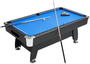 Pool Table, 7 ft Portable Billiards Tables, Adjustable Feet Stable Game Table, Entertainment Set Includes Ball, Cue, Rack, Chalk and Brush, Black with Bule Cloth, for Family Use, Recreation Room