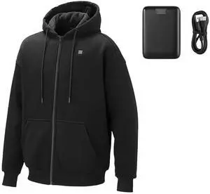 Heated Jacket Hoodie for Men Women, Heated Sweatshirt Unisex Full-Zip with 7.4V 16000mAh Power Bank Pack, 5 Heating Zones, 3 Temp Levels, 4-8H Warmth, for Winter Outdoor Camping, Black