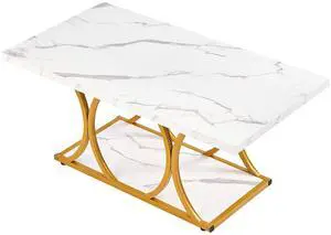 Coffee Table, Modern Faux Marble Coffee Table, Large 2-Tier Rectangle Center Desk with Geometric Legs, Minimalist Sturdy Metal Frame Accent End Desk for Living Room, Office, Easy Assembly, White