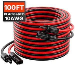 100FT Solar Panel Extension Cable, 10AWG Solar Extension Cable Wire with Female & Male Waterproof Connectors, 6mm² PV Cable for Home, Ship and RV Solar Panels, 100FT Black + 100FT Red (Set of 2) 100FT Solar Panel Extension Cable, 10AWG Solar Extension Cable Wire with Female & Male Waterproof Connectors, 6mm² PV Cable for Home, Ship and RV Solar Panels, 100FT Black + 100FT Red (Set of 2)