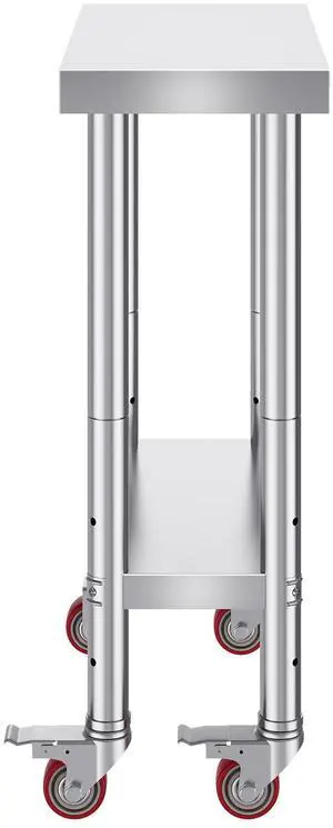 Stainless Steel Work Table 12 x 24 x 34 Inch, 700 LBS Load Capacity with 4 Wheels, 3 Adjustable Height Levels, Heavy Duty Food Prep Worktable for Commercial Kitchen Restaurant, Silver