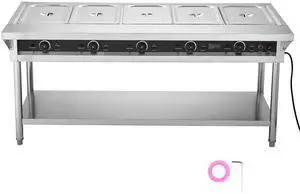 5-Pan Commercial Food Warmer, Electric Steam Table with Independent Temperature Control, 750W x 5 Stainless Steel Buffet Catering Food Warmer with Undershelf and Workspace, for Restaurant