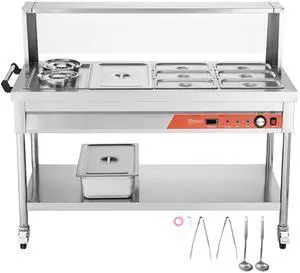 Commercial Food Warmer, 8 Pans + 2 Pots Electric Steam Table, 1800W Professional Buffet Catering Food Warmer with Shield Undershelf Wheels, Stainless Steel Server for Party Restaurant