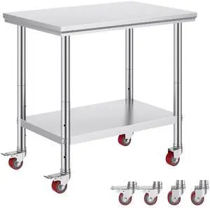 Stainless Steel Work Table 35 x 24 x 33 Inch, 700 LBS Load Capacity with 4 Wheels, 3 Adjustable Height Levels, Heavy Duty Food Prep Worktable for Commercial Kitchen Restaurant, Silver