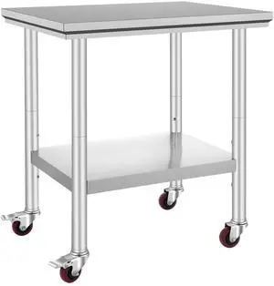 Stainless Steel Work Table 30 x 24 x 33 Inch, 700 LBS Load Capacity with 4 Wheels, 3 Adjustable Height Levels, Heavy Duty Food Prep Worktable for Commercial Kitchen Restaurant, Silver