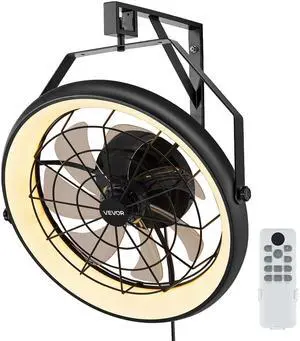 VEVOR Wall Mounted Fan with Lights, 22 inch Wall Mount Fan with Remote, 6 Speeds Plug in Wall Fan, Reversible, Dimmable 3-color Lighting, Timer, 360°Adjustable Tilt for Workshop, Patio, Home