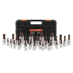 Torx Bit Socket Set, 34-Piece Solid Star and Tamper Proof T6-T70, S2 Alloy Steel and Cr-V Steel, 1/4 in, 3/8 in, and 1/2 in Drives, with Enhanced Storage Case, Torx Sockets for Hand Use Torx Bit Socket Set, 34-Piece Solid Star and Tamper Proof T6-T70, S2 Alloy Steel and Cr-V Steel, 1/4 in, 3/8 in, and 1/2 in Drives, with Enhanced Storage Case, Torx Sockets for Hand Use