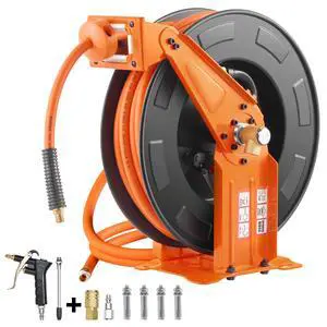 Retractable Air Hose Reel with Double Arms, 3/8 IN x 65FT Hybrid Air Hose Max 300PSI, Air Compressor Hose Reel with 5FT Lead in, Ceiling/Wall Mount Heavy Duty Steel Reel for Workshop Garage Retractable Air Hose Reel with Double Arms, 3/8 IN x 65FT Hybrid Air Hose Max 300PSI, Air Compressor Hose Reel with 5FT Lead in, Ceiling/Wall Mount Heavy Duty Steel Reel for Workshop Garage