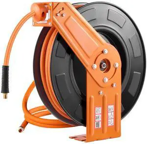 Retractable Air Hose Reel, 3/8IN x 100FT Rubber Air Hose Max 300PSI, Air Compressor Hose Reel Auto-Rewind with 5FT Lead in, Ceiling/Wall Mount Heavy Duty Single Arm Steel Reel, 1/4" NPT Fitting Retractable Air Hose Reel, 3/8IN x 100FT Rubber Air Hose Max 300PSI, Air Compressor Hose Reel Auto-Rewind with 5FT Lead in, Ceiling/Wall Mount Heavy Duty Single Arm Steel Reel, 1/4" NPT Fitting