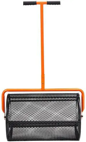 Compost Spreader, 24.4-25.6" Height Adjustable Handle, 24" Wide, Lawn and Garden Peat Moss Roller with Side Latches, Powder Coated Steel Mesh Basket for Spreading Manure, Topsoil, Black Compost Spreader, 24.4-25.6" Height Adjustable Handle, 24" Wide, Lawn and Garden Peat Moss Roller with Side Latches, Powder Coated Steel Mesh Basket for Spreading Manure, Topsoil, Black