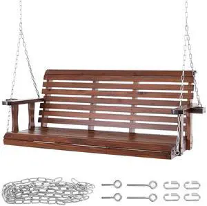 Wooden Porch Swing 5.5 ft, Patio bench swing for Courtyard & Garden, Upgraded 880 lbs Strong Load Capacity, Heavy Duty Swing Chair Bench with Hanging Chains for Outdoors, Brown Wooden Porch Swing 5.5 ft, Patio bench swing for Courtyard & Garden, Upgraded 880 lbs Strong Load Capacity, Heavy Duty Swing Chair Bench with Hanging Chains for Outdoors, Brown
