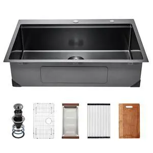 33 inch Kitchen Sink Workstation, 304 Stainless Steel Top Mount Sinks, Drop-In Single Bowl Farmhouse Basin with Ledge & Multiple Accessories, Household Dishwasher Sink for RV, Bar (Black) 33 inch Kitchen Sink Workstation, 304 Stainless Steel Top Mount Sinks, Drop-In Single Bowl Farmhouse Basin with Ledge & Multiple Accessories, Household Dishwasher Sink for RV, Bar (Black)