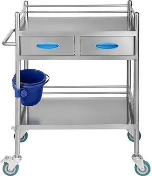Lab Serving Cart, 2 Layers Stainless Steel Utility Rolling Cart, Medical Cart with Two Drawers, Dental Utility Cart with Lockable Wheels and A Bucket, for Laboratory, Hospital, Dental Use Lab Serving Cart, 2 Layers Stainless Steel Utility Rolling Cart, Medical Cart with Two Drawers, Dental Utility Cart with Lockable Wheels and A Bucket, for Laboratory, Hospital, Dental Use