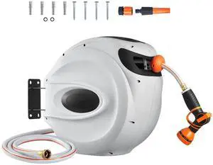 Retractable Hose Reel, 130 ft x 1/2 inch, 180° Swivel Bracket Wall-Mounted, Garden Water Hose Reel with 9-Pattern Nozzle, Automatic Rewind, Lock at Any Length, and Slow Return System Retractable Hose Reel, 130 ft x 1/2 inch, 180° Swivel Bracket Wall-Mounted, Garden Water Hose Reel with 9-Pattern Nozzle, Automatic Rewind, Lock at Any Length, and Slow Return System