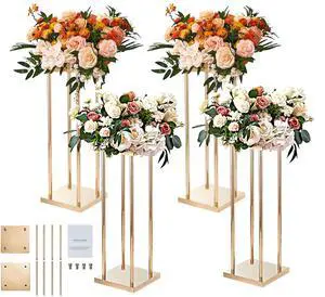 4PCS Gold Metal Column Wedding Flower Stand, 31.5inch High With Metal Laminate, Vase Geometric Centerpiece Stands, Cylindrical Floral Display Rack for Events Reception, Party Road Leads 4PCS Gold Metal Column Wedding Flower Stand, 31.5inch High With Metal Laminate, Vase Geometric Centerpiece Stands, Cylindrical Floral Display Rack for Events Reception, Party Road Leads