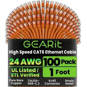 GEARit Cat 6 Ethernet Cable (100-Pack 1 Foot) Cat6 Network Patch, 10Gbps, RJ45, Snagless Cord, Gold-Plated Connectors, Internet for PC, TV, Tablet, Router, Printer, Servers, IT Data Center - Orange GEARit Cat 6 Ethernet Cable (100-Pack 1 Foot) Cat6 Network Patch, 10Gbps, RJ45, Snagless Cord, Gold-Plated Connectors, Internet for PC, TV, Tablet, Router, Printer, Servers, IT Data Center - Orange