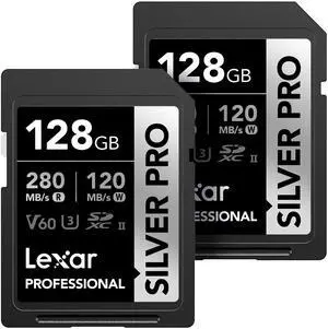 Lexar 128GB (2-PK) Professional SILVER PRO SD Card, UHS-II, C10, U3, V60, Full HD, 4K, Up To 280MB/s Read SDXC Memory Card, for Professional Photographer, Videographer, Enthusiast (LSDSIPR128G-B2NNU) Lexar 128GB (2-PK) Professional SILVER PRO SD Card, UHS-II, C10, U3, V60, Full HD, 4K, Up To 280MB/s Read SDXC Memory Card, for Professional Photographer, Videographer, Enthusiast (LSDSIPR128G-B2NNU)