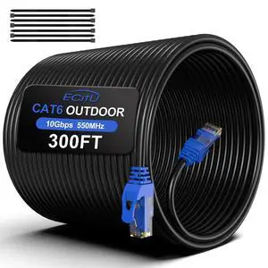 300FT Cat6 Outdoor Ethernet Cable, In-Ground, Heavy Duty Direct Burial, 24AWG CCA Patch Cord, POE, UTP, Waterproof, LLDPE UV Resistant, Network, Internet, LAN, Cat 6 Cable 300 Feet with 25 Cable Ties 300FT Cat6 Outdoor Ethernet Cable, In-Ground, Heavy Duty Direct Burial, 24AWG CCA Patch Cord, POE, UTP, Waterproof, LLDPE UV Resistant, Network, Internet, LAN, Cat 6 Cable 300 Feet with 25 Cable Ties