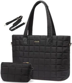 LOVEVOOK Laptop Tote Bag for Women, 15.6 Inch Large Puffer Work Computer Tote Bags for Teacher Nurse, Quilted Women's Purse Tote Shoulder Handbags with Zipper for Travel College Office Gym, Black LOVEVOOK Laptop Tote Bag for Women, 15.6 Inch Large Puffer Work Computer Tote Bags for Teacher Nurse, Quilted Women's Purse Tote Shoulder Handbags with Zipper for Travel College Office Gym, Black