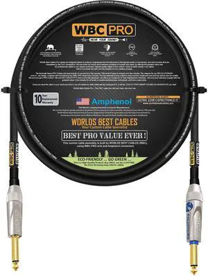 6 Foot - WBC-PRO-Guitar 20 AWG - Low-Cap (18pF/ft) Pro-Grade Graphite-Based - Dual-Shielded Guitar Bass Instrument Cable w/Amphenol Straight - Straight (Silent) Inch (6.35mm) Gold TS Plugs 6 Foot - WBC-PRO-Guitar 20 AWG - Low-Cap (18pF/ft) Pro-Grade Graphite-Based - Dual-Shielded Guitar Bass Instrument Cable w/Amphenol Straight - Straight (Silent) Inch (6.35mm) Gold TS Plugs