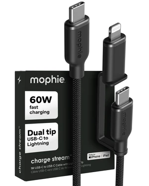 Mophie Charge Stream USB-C to USB-C 1m/3ft Cable with Lightning Adapter - 60W Fast-Charge Universal Charging Cable, MFi Certified, Dual Tip Adapter, Braided, Durable for iPhone, iPad, Android, MacBook Mophie Charge Stream USB-C to USB-C 1m/3ft Cable with Lightning Adapter - 60W Fast-Charge Universal Charging Cable, MFi Certified, Dual Tip Adapter, Braided, Durable for iPhone, iPad, Android, MacBook