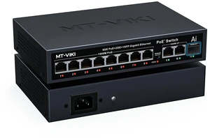 MT-VIKI Gigabit PoE Switch, 11-Port IEEE 802.3at/af Unmanaged Network Switch with 120W Total Power (8 PoE+ 30W, 2 Uplink, 1 SFP Fiber), 6KV Lightning Protection, AI Watchdog, Port VLAN, Plug & Play MT-VIKI Gigabit PoE Switch, 11-Port IEEE 802.3at/af Unmanaged Network Switch with 120W Total Power (8 PoE+ 30W, 2 Uplink, 1 SFP Fiber), 6KV Lightning Protection, AI Watchdog, Port VLAN, Plug & Play