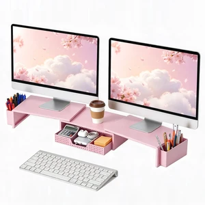 LEKETREE Dual Monitor Stand Riser with Drawer and 2 Pen Holders, Pink LEKETREE Dual Monitor Stand Riser with Drawer and 2 Pen Holders, Pink