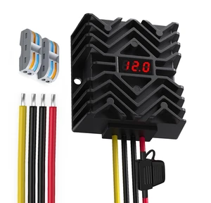 LED Display & MCU Chip 24VDC to 12VDC Converter with Terminal Block & Inline Fuse, Thick 16AWG Cables, Waterproof Step Down Power for Marine, Solar, RV LED Display & MCU Chip 24VDC to 12VDC Converter with Terminal Block & Inline Fuse, Thick 16AWG Cables, Waterproof Step Down Power for Marine, Solar, RV