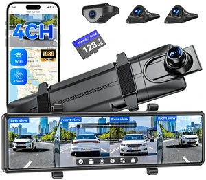 12'' Rear View Mirror Camera,4 Channel Mirror Dash Cam Detached Camera for Cars1080P Front Rear Left Right Dash Camera for Car with 128GB Card, Night Vision, G-Sensor 12'' Rear View Mirror Camera,4 Channel Mirror Dash Cam Detached Camera for Cars1080P Front Rear Left Right Dash Camera for Car with 128GB Card, Night Vision, G-Sensor