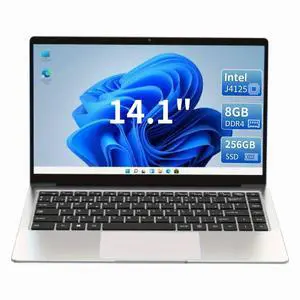 KurieTim 14.1 Inch Laptop, 8GB DDR4 RAM, 256GB M.2 SATA SSD, Laptops Computer with Celeron CPU J4125 (4C/4T, Up to 2.7GHz), 14.1" FHD IPS LCD Screen, WiFi, Webcam, USB-A x2, Mini HDMI, Silver