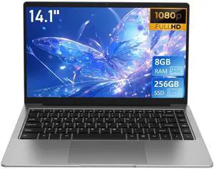 Auusda 14.1'' FHD Laptop, Quad-Core, 8GB RAM, 256GB SSD, Win11 Pro, Mini HDMI, Dual-Band WiFi, Bluetooth, Webcam, Lightweight Notebook, Student & Business, 2-Year Warranty, Gray