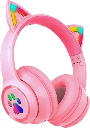 MIDOLA Kids Headphones Cat Ear Wireless Bluetooth 5.3 60H Over Ear, 8H with Led Light Foldable Headset with Aux 3.5mm Mic for Travel Pad Tablet Pink