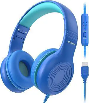 Upgrade USB Type C Kids Headphones, Wired Headphones for Kids with Microphone for Boys Girls, Adjustable 85dB/94dB Volume Limited (Navy/Blue)