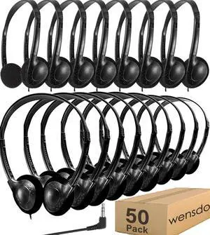 50 Pack Classroom Headphones Bulk for School Kids Students, Wholeslae Wired Durable Earphones Class Set for Children Toddler Teens Boys Girls and Adult (HY857,50 Black)