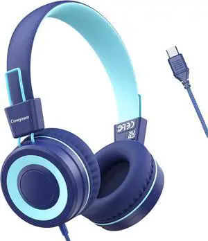 USB Type C Kids Headphones for School, Wired Toddler Headphones, 94dB Volume Limited, HD Stereo Sound, Foldable Lightweight On-Ear Wired Headphones for Kids/Children/Teens/Boys (Dark Blue)