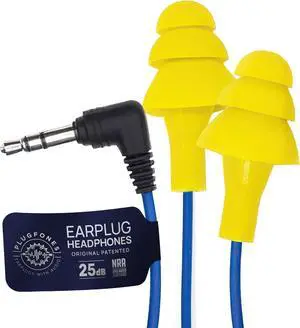 Plugfones Basic Earplug Headphones Earplug-Earbud Hybrid 25 dB Noise Reduction Rating Wired Work Headphones Noise Reducing Earphones OSHA Compliant Safety Earplugs for Work Hearing Protection Yellow