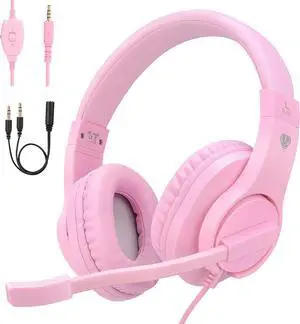 ShinePick Kids Headphones, Over-Ear Girls Boys Gaming Headphones with Microphone and Volume Control for Kids Teens Online School, TravelPink