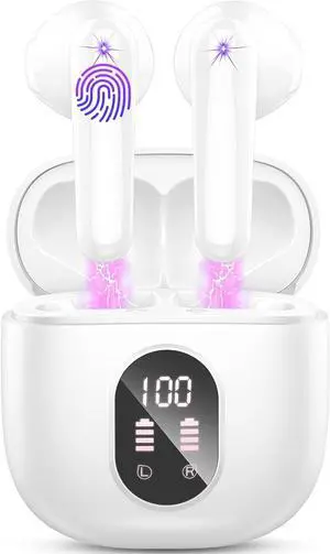 Wireless Earbuds, Bluetooth 5.4 Headphones 50H Playback Bass Stereo Ear Buds with 4 ENC Cancelling Mics, Bluetooth Earbuds Dual LED Display IP7 Waterproof in-Ear Earphones USB-C for Android iOS White