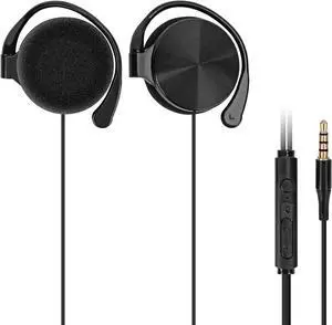 GEEKRIA Wired Clip On Ear Headphones, Portable Hook On Ear Headphones with Microphone and Call Controller Compatible with Android, Avoid Headphone Hair (Black)