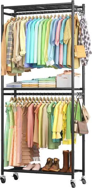 Clothes Rack - 33.0" x 12.2" x 79.5" Clothing Rack with Shelves & Wheels, Multi-Functional Wardrobe Closet with Hooks, Sturdy Metal Garment Rack for Bedroom, Laundry, Balcony (Black)
