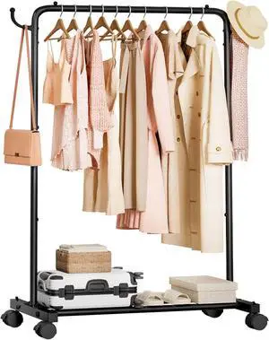 Homde Heavy Duty Clothes Rack: 120lb Standing Garment Storage for Indoor - Rolling Hanging Rod for Bedroom Laundry Room - Coat Dress Organizer on Wheels with luggage shelf (Black32")