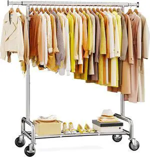 Raybee 75" W Heavy Duty Clothes Rack Load 450 LBS, Metal Garment Storage with Mesh Shelf, Lockable Wheels & Anti-Slip Stoppers, Rolling Clothing Rack for Bedroom Laundry Room