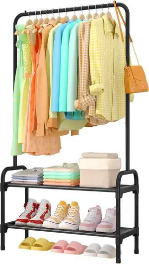 Clothes Rack - Clothing Rack with 2-Tier Shoe Rack and Anti-Slip Stopper, Shoe Organizer for Entryway, Bedroom, or Laundry, Black, 29" × 12.2" × 59.3"