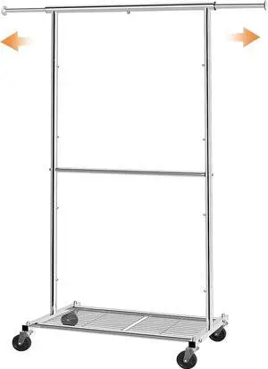 Simple Trending Standard Clothing Garment Rack, Rolling Clothes Organizer with Wheels and Bottom Shelves, Extendable, Chrome