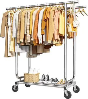 Clothes Rack - Double-Rod Stainless Steel Garment Rack with 4-inch Lockable Wheels, Clothing Racks for Hanging Clothes in Bedroom, Laundry Room, 43.3" × 16.5" × 61.0", Silver
