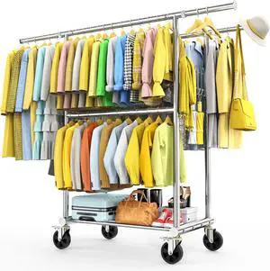 100% Stainless Steel Heavy Duty Clothes Rack Load 960LBS, Three Rods Clothing Racks for Hanging Clothes ExtendableRolling Garment Rack With Sturdy Wheels Shelves Hooks, Portable Closet Wardrobe Rack