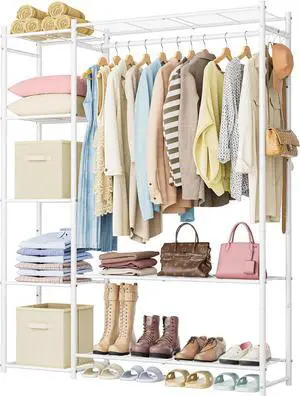 Wardrobe Closet,Portable Clothes Rack with 4 Tiers Shelves,Freestanding Closet Organizers and Storage System with Hanging Rods,Steel Clothing Rack Suitable for Cloakrooms,Bedrooms,Entrances,etc.White